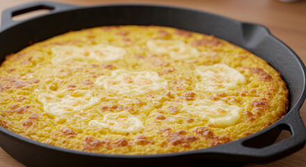Homemade Cornbread Baked in Cast Iron Skillet with Melted Cheese Topping