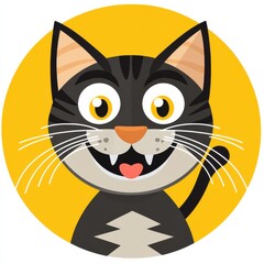 Fototapeta premium Cartoon cat face with large yellow eyes, black and white fur, and bright red tongue