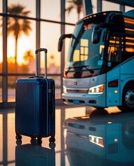 Modern travel scene with blue suitcase on wheels at a bus terminal during a vibrant sunset, with palm trees and reflections on the polished floor evoking wanderlust and adventure
