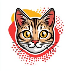 Obraz premium Illustration of a cat's face with yellow eyes and brown and white fur against a white background with red and yellow abstract shapes