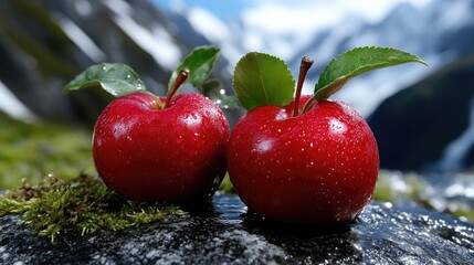 Two vibrant red apples on a mossy rock, bathed in sunlight, with mountain backdrop