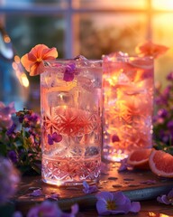 Two floral, iced cocktails in decorative glasses.