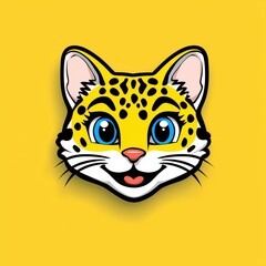 Fototapeta premium Cartoon cat face with blue eyes and yellow spotted fur on a yellow background