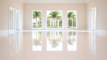 Spacious, sunlit interior with polished floors and large windows showcasing lush palm trees