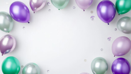 Colorful balloons in purple, green, and silver create festive atmosphere, perfect for celebrations and parties, adding joy and excitement
