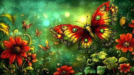 Jewel-toned butterfly amidst red flowers, enchanted garden