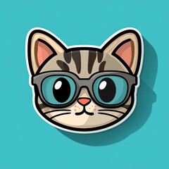 Obraz premium Cartoon illustration of a tabby cat with blue eyes and black-rimmed glasses on a blue background