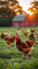 Fototapeta premium A flock of chickens roaming freely on green pasture with a classic red barn in the background during a golden hour sunset 