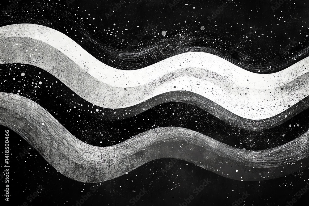Aufkleber stylish grayscale waves flow across a dark background sprinkled with white dots creating a cosmic fe