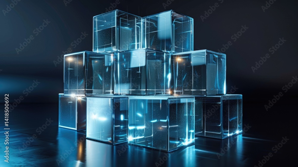 Poster abstract digital art with blue glowing cube and particles. digital artwork of transparent cube with 