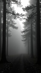 Obraz premium High contrast, black and white image of dense foggy forest , dramatic, depth of field, dense forest