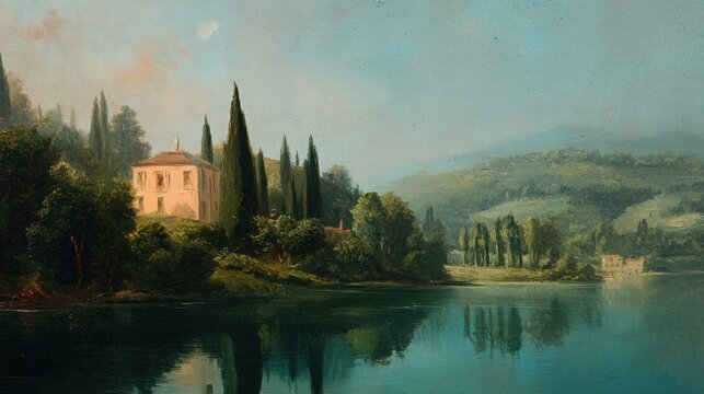A serene landscape depicting a calm lake surrounded by verdant hills and cypress trees under a soft blue sky. In the foreground, a quaint white villa stands nestled among lush greenery, reflecting bea
