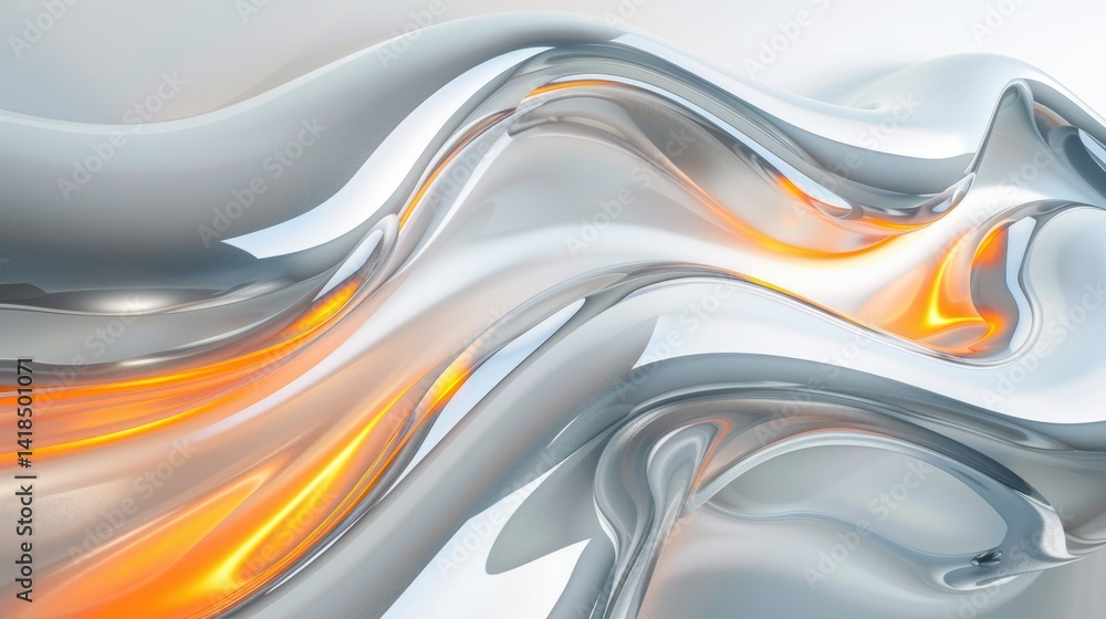 Poster abstract liquid metal and orange fluid shapes with reflective surfaces. background image of digital 