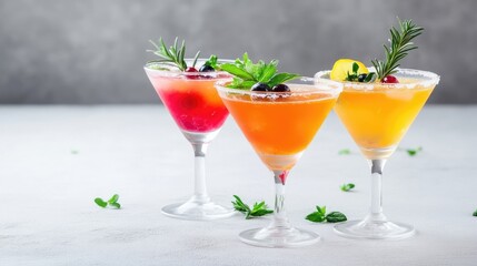 Three Gourmet Cocktails Fresh Herbs Vibrant Style High-Quality Close-up View Sugar Rimmed Glasses Refreshing Drinks Gray Surface Bright Citrus Tones Perfect for Beverage Ads