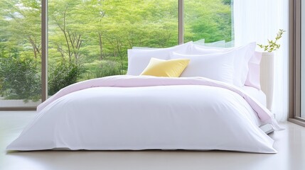White bedding set in modern bedroom.  Natural light, lush greenery view