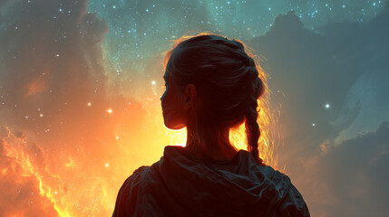 Back view of a female silhouette in meditation framed by a glowing cosmic sky symbolizing inner peace universal connection spiritual awakening and the harmony between energy and consciousness

