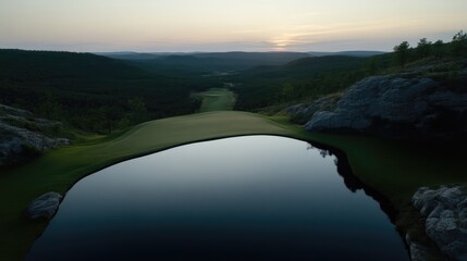 Scenic golf course overlooking a tranquil valley at dawn