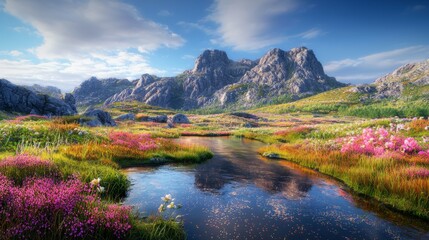 Obraz premium Scenic Mountain Landscape with Colorful Wildflowers and Reflections in Calm Water under Blue Sky and Fluffy Clouds