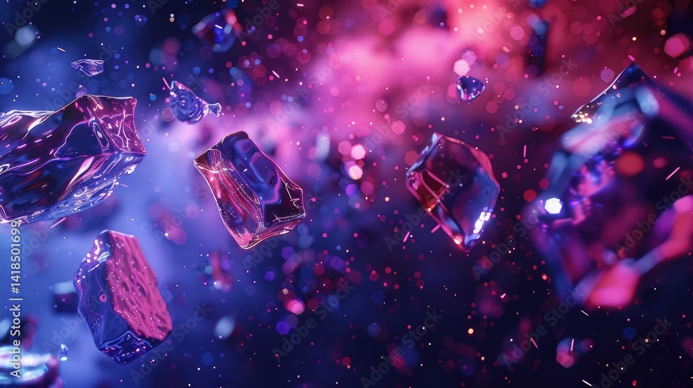 Poster abstract colorful meteorites with a glowing nebula background. abstract image of stone floating in t