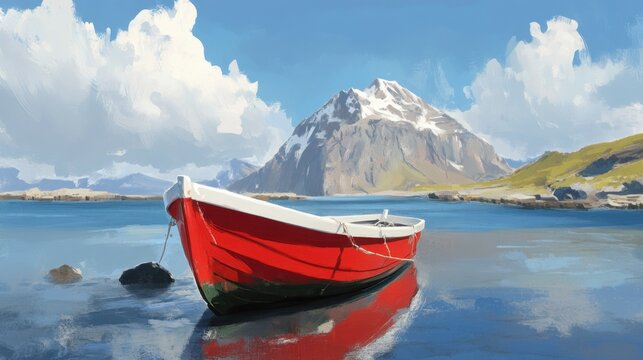 Red boat moored in a serene fjord snowy mountain backdrop clear sky - Powered by Adobe