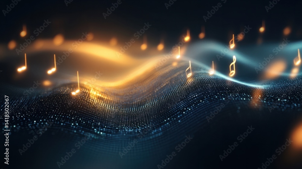 Poster abstract music wave with floating notes in a digital space