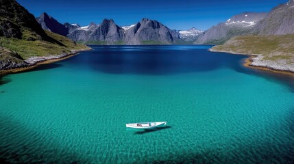 Tranquil fjord, crystal-clear water, kayak