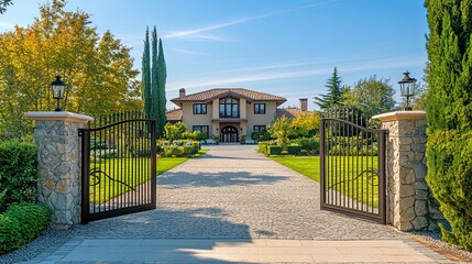 Grand entrance of an elegant residence with lush surroundings, conveying timeless luxury and serene beauty.