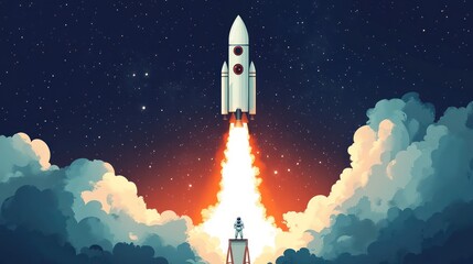 Illustration depicting a rocket launch with an astronaut watching the liftoff