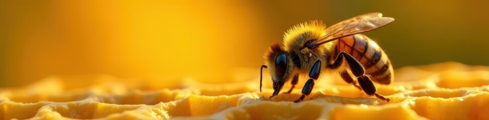 Golden honey bee crawls honeycomb, pollen legs, yellow, animal photography, bee on honeycomb