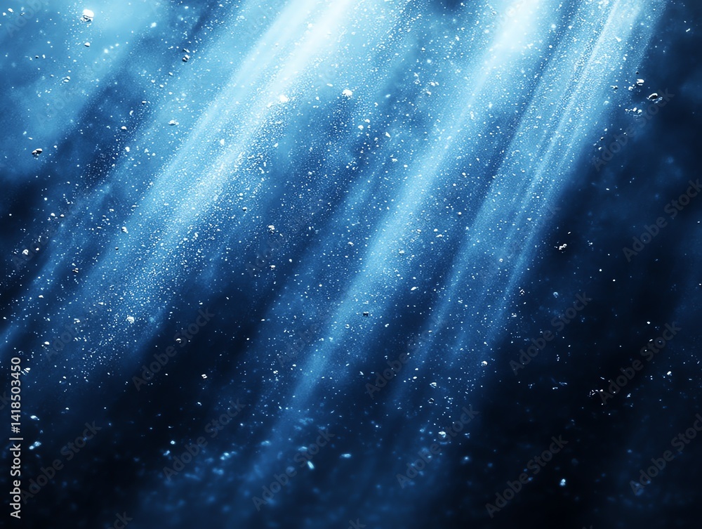 Poster dark blue underwater scene with light beams and floating bubbles creating a mysterious mood. perfect