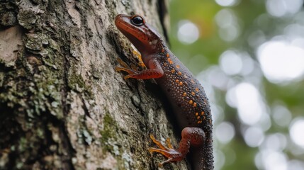 Fototapeta premium A spotted salamander is climbing a tree with rough bark