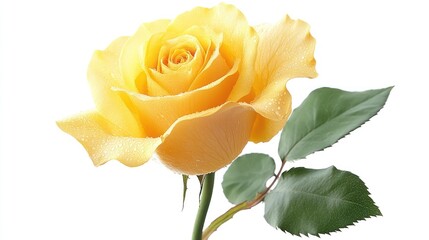 Radiant yellow rose with delicate dew drops isolated against a stark white backdrop