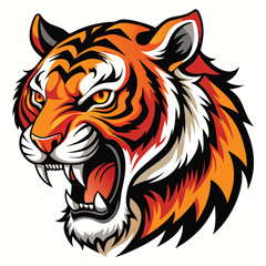 A majestic tiger with vibrant orange and black stripes roars fiercely, displaying its sharp teeth against a bright white background.