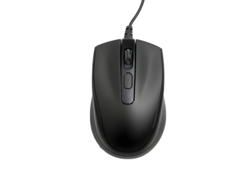 Black wireless mouse with scroll wheel on transparent background