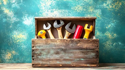 Wooden Toolbox with Assorted Hand Tools on a Rustic Background