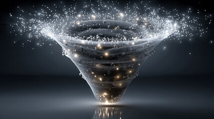 A large digital funnel collects streams of big data flowing in from all directions transforming raw information into structured insights symbolizing analysis automation and decision intelligence

