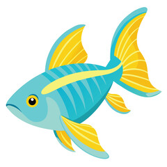 A solitary, pale blue fish with vibrant yellow accents along its dorsal fin and tail fin is captured against a stark white background.