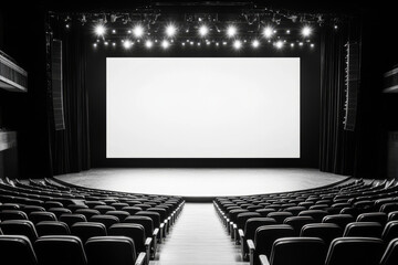 Fototapeta premium large blank screen in theater setting, surrounded by empty seats and bright stage lights, creates inviting atmosphere for performances