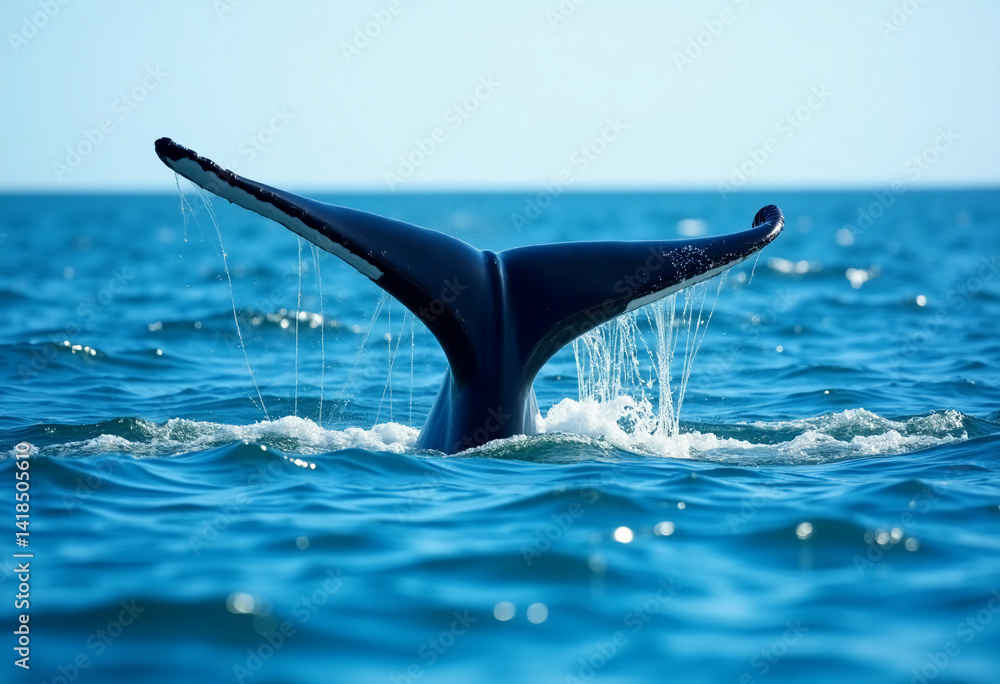 Poster A magnificent whale tail emerges from the tranquil ocean, creating splashes as it descends. The sunlight glimmers on the water's surface, enhancing the serene atmosphere Generative AI