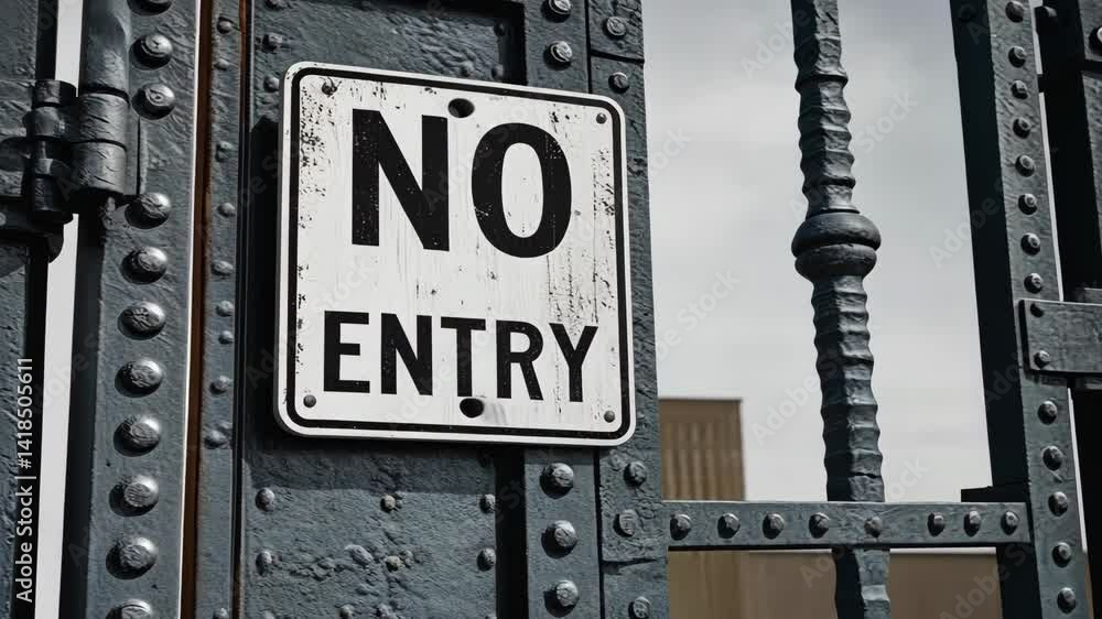 Poster metal gate with warning sign blocks access, symbolizing security restrictions and caution for indefi