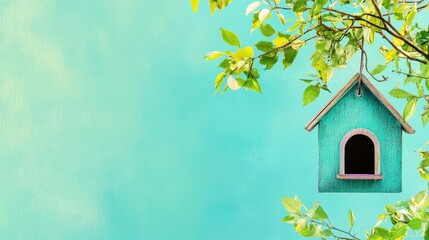 Whimsical birdhouse on the right with a soft pastel gradient background, creating a peaceful sense of home 