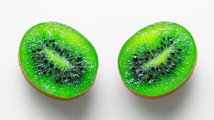 Fresh kiwi halves with vibrant green and black details, showcasing natural freshness and texture.