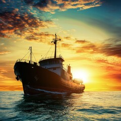 Fototapeta premium A majestic cargo ship sails majestically towards a breathtaking sunset over tranquil ocean waters creating a serene and picturesque scene of nautical adventure at golden hour.