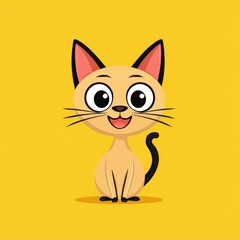 Obraz premium Cartoon cat illustration with light beige body, black tail, and pink inner ears sitting on bright yellow background
