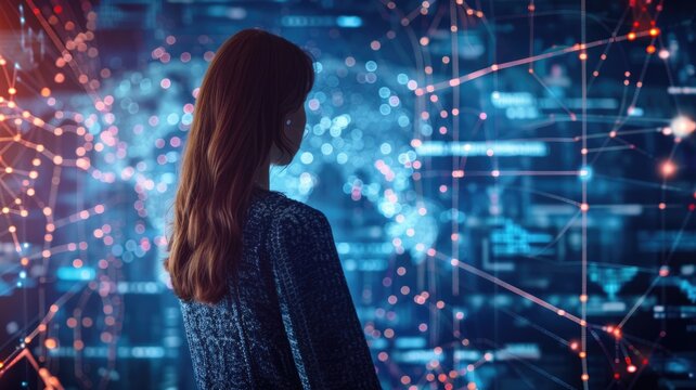 Picture of digital security system to protect dangerous hacking computer user in colorful light of cyberspace style theme. Coding and programming for guarding digital technology from criminal. AIG53.