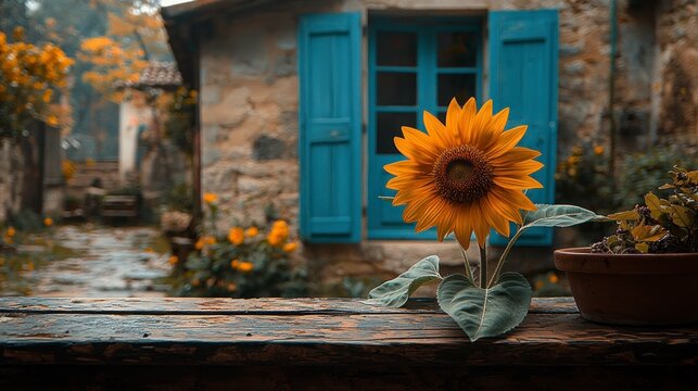 Sunflower outside stone house with blue shutters - Powered by Adobe
