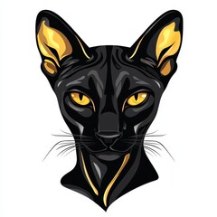 Modern digital illustration of a black cat with gold accents and vivid yellow eyes