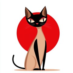Obraz premium Cartoon illustration of a beige and black cat sitting with a red circle behind it