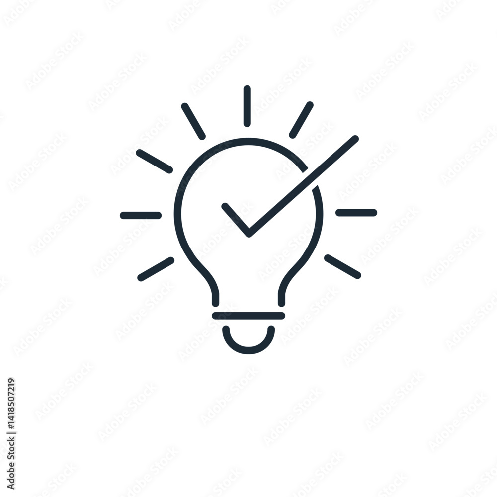 Poster glowing light bulb with check mark. quick tip. vector linear icon isolated on white background.