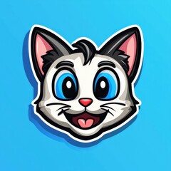 Cartoon illustration of a cat with blue eyes and black markings on a blue background